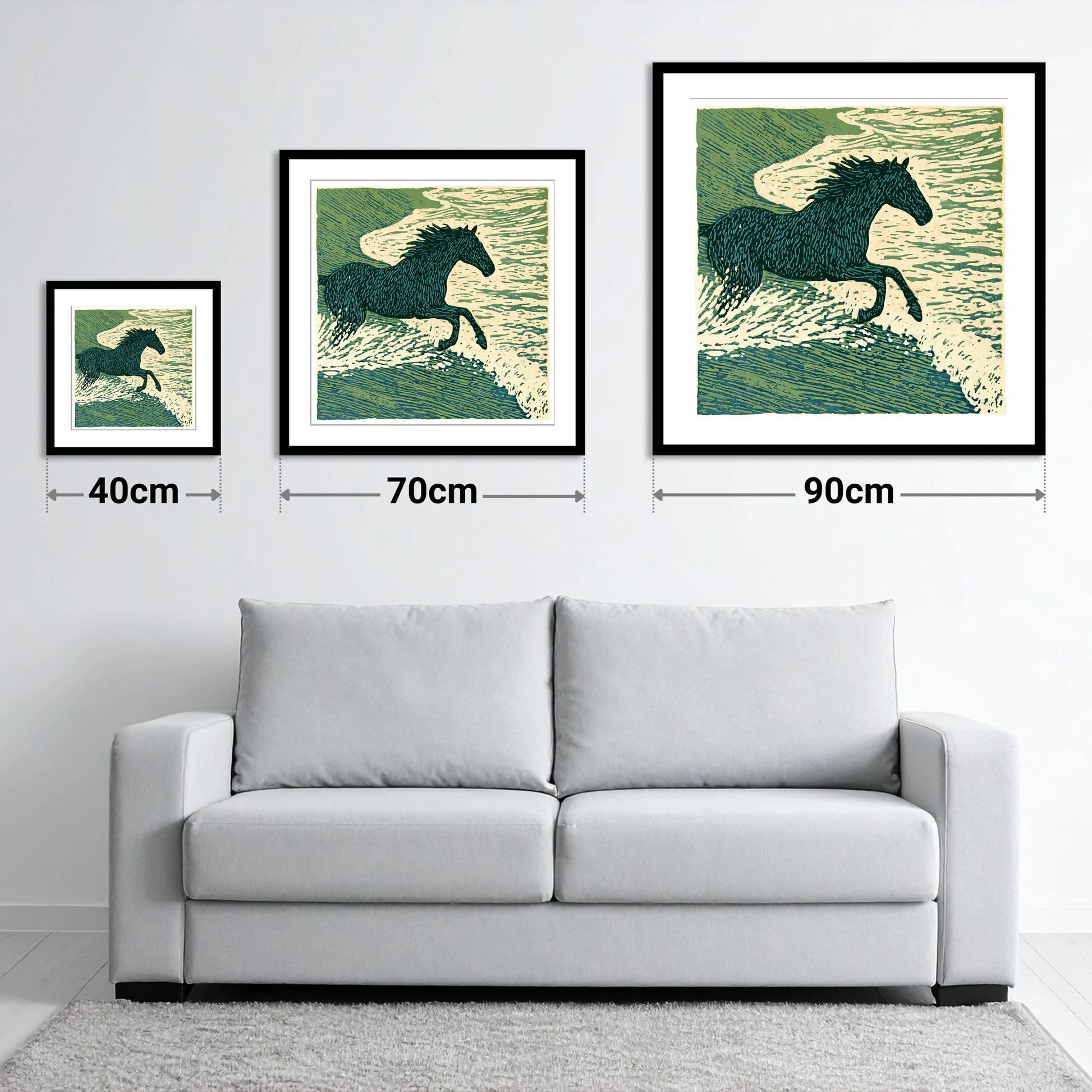 Wild Sea Canter - size guide showing 40cm, 70cm and 90cm art prints