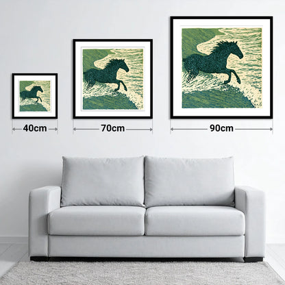 Wild Sea Canter - size guide showing 40cm, 70cm and 90cm art prints