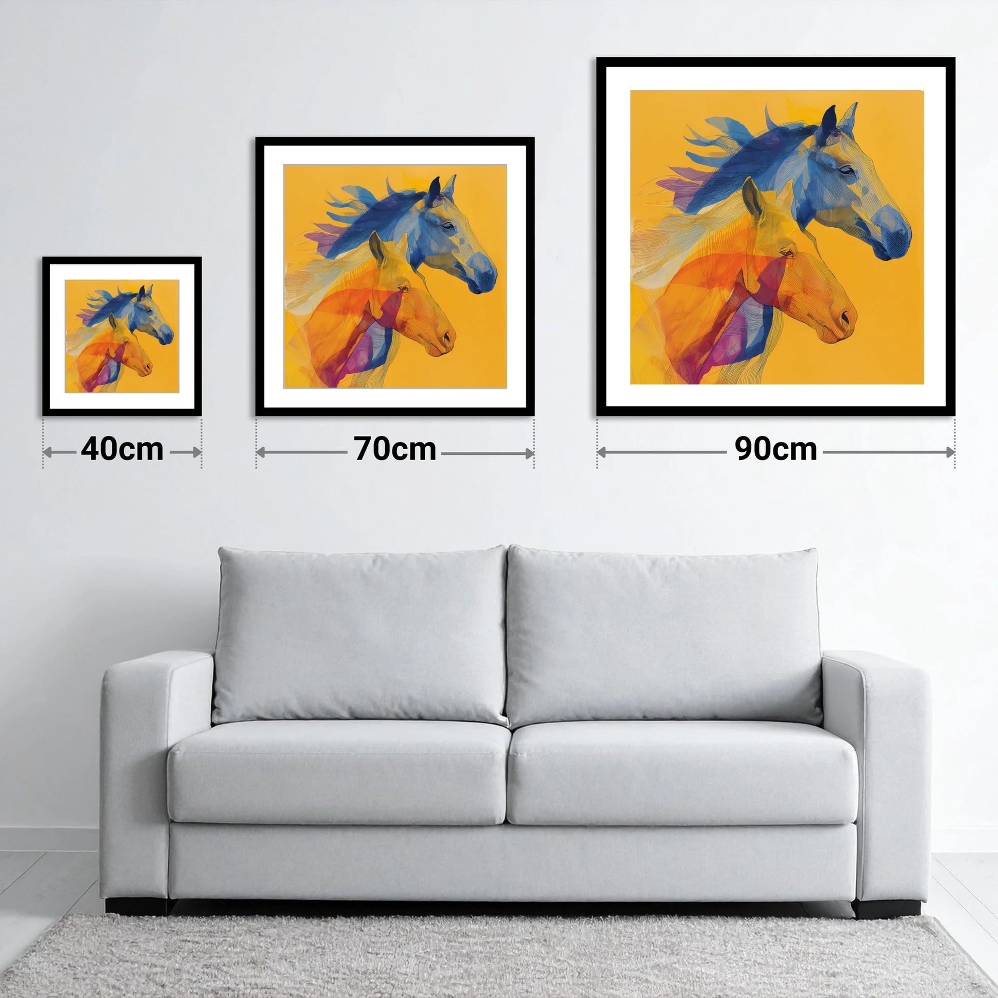 Cobalt and Amber Duet - size guide showing 40cm, 70cm and 90cm art prints