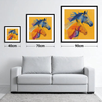 Cobalt and Amber Duet - size guide showing 40cm, 70cm and 90cm art prints