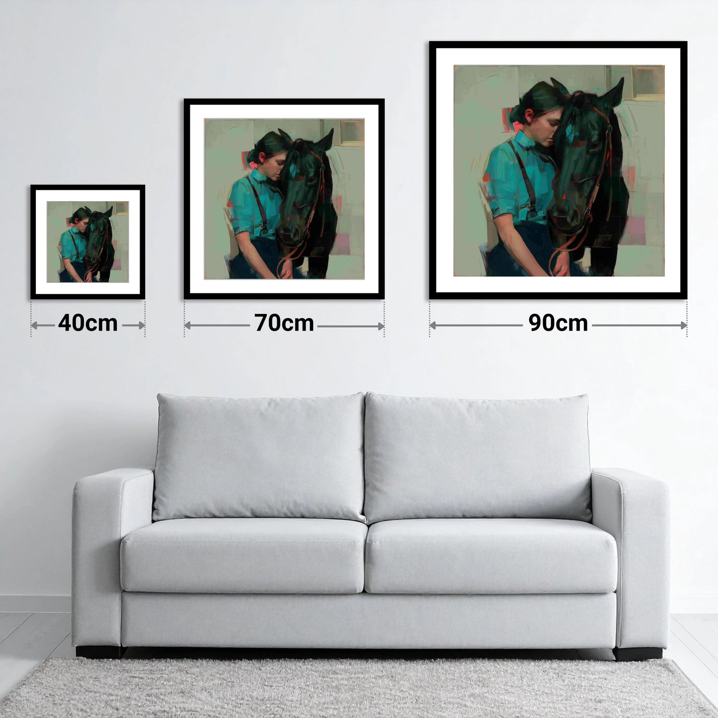 A Quiet Understanding - size guide showing 40cm, 70cm and 90cm art prints