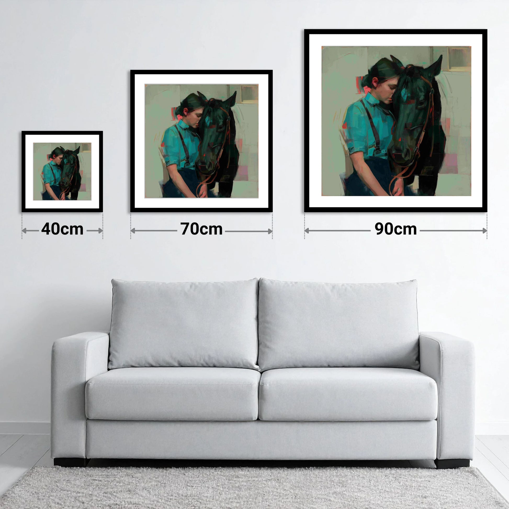 A Quiet Understanding - size guide showing 40cm, 70cm and 90cm art prints