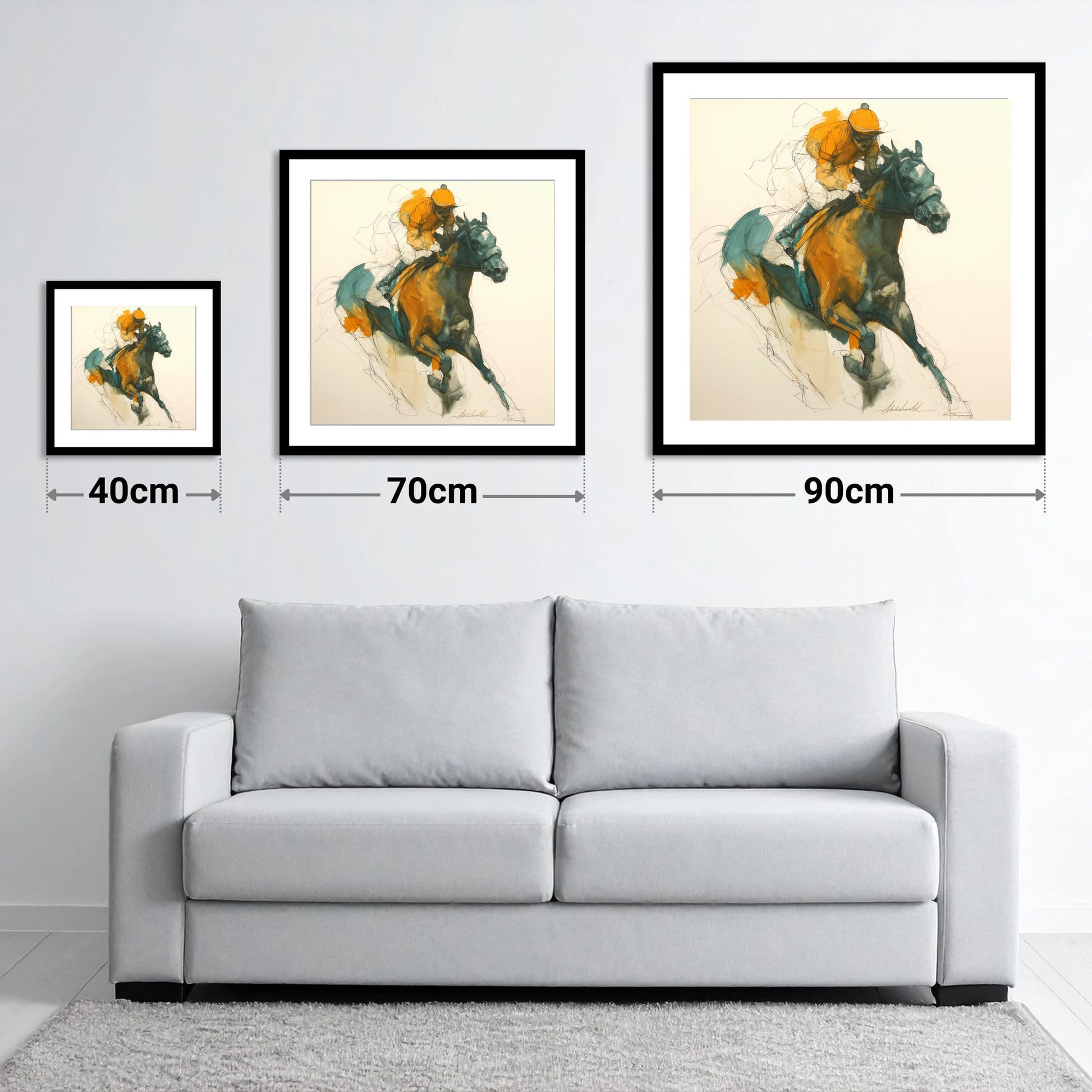 Amber Surge - size guide showing 40cm, 70cm and 90cm art prints
