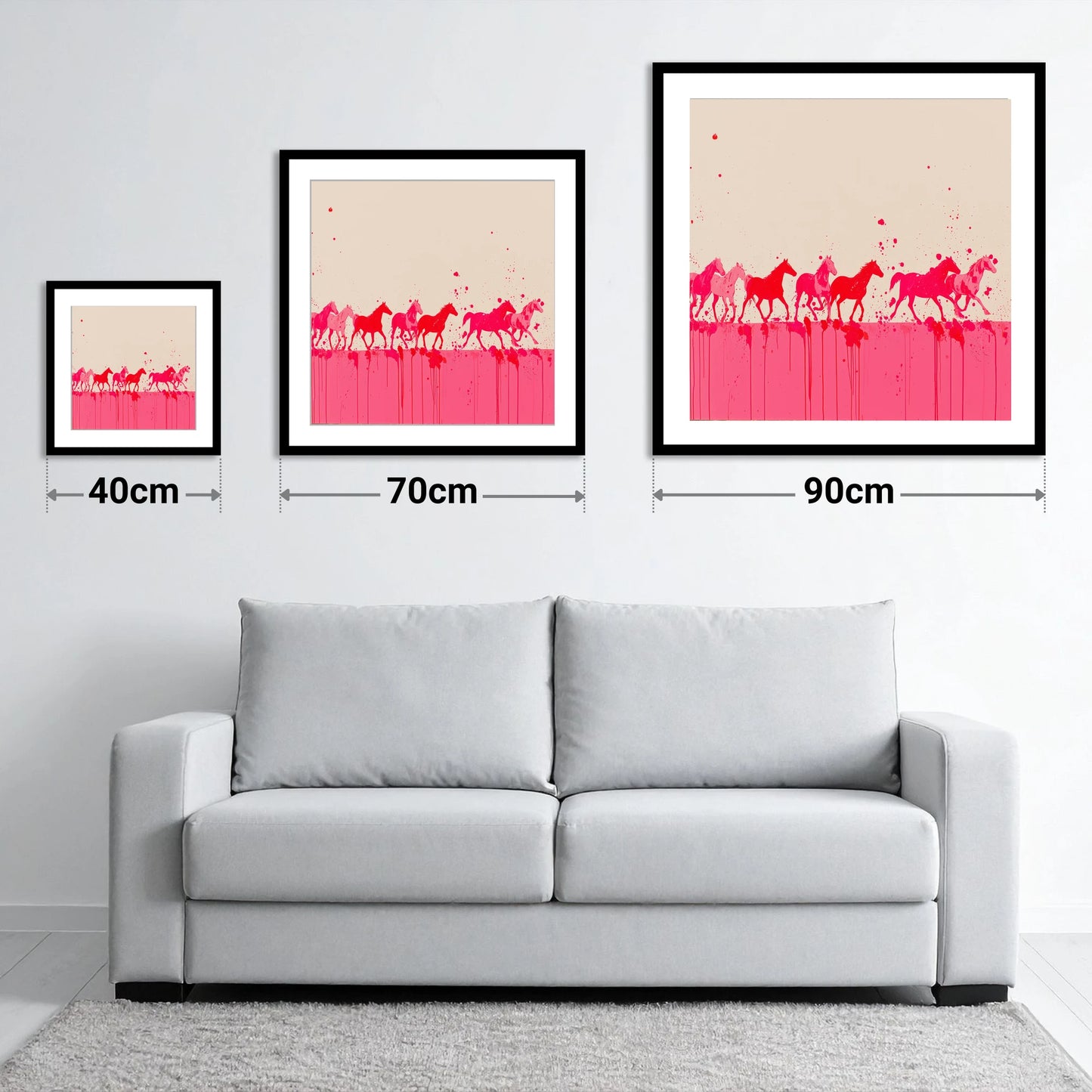 Magenta Motion - size guide showing 40cm, 70cm and 90cm art prints