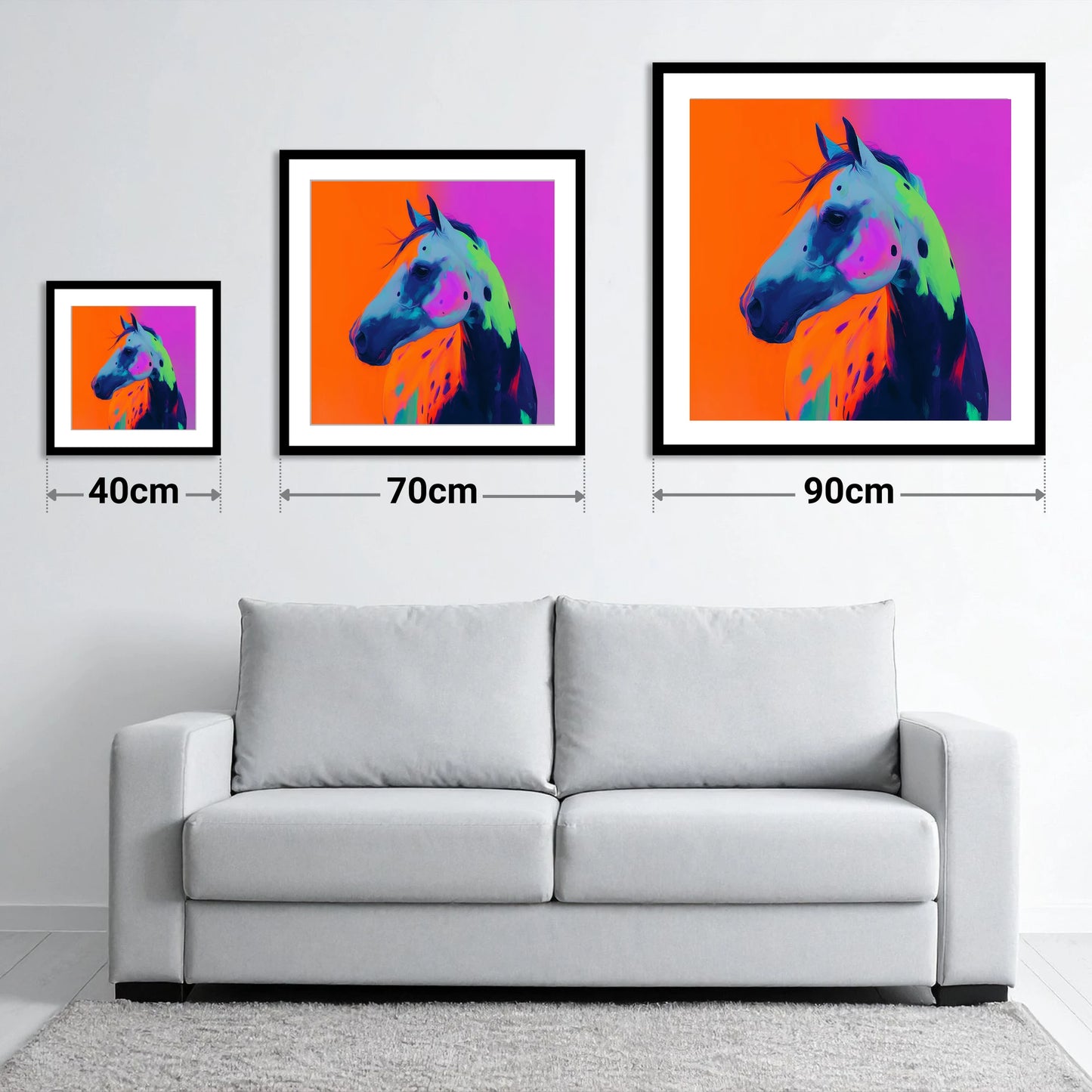 Neon Appaloosa Portrait - size guide showing 40cm, 70cm and 90cm art prints