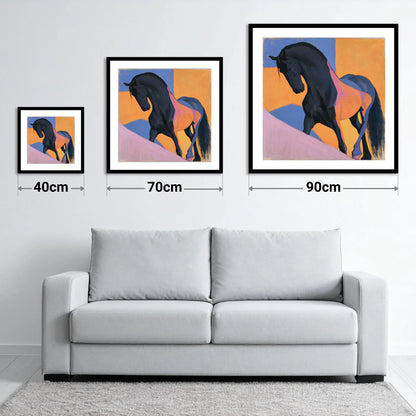 Black Stallion on Bold Orange - size guide showing 40cm, 70cm and 90cm art prints