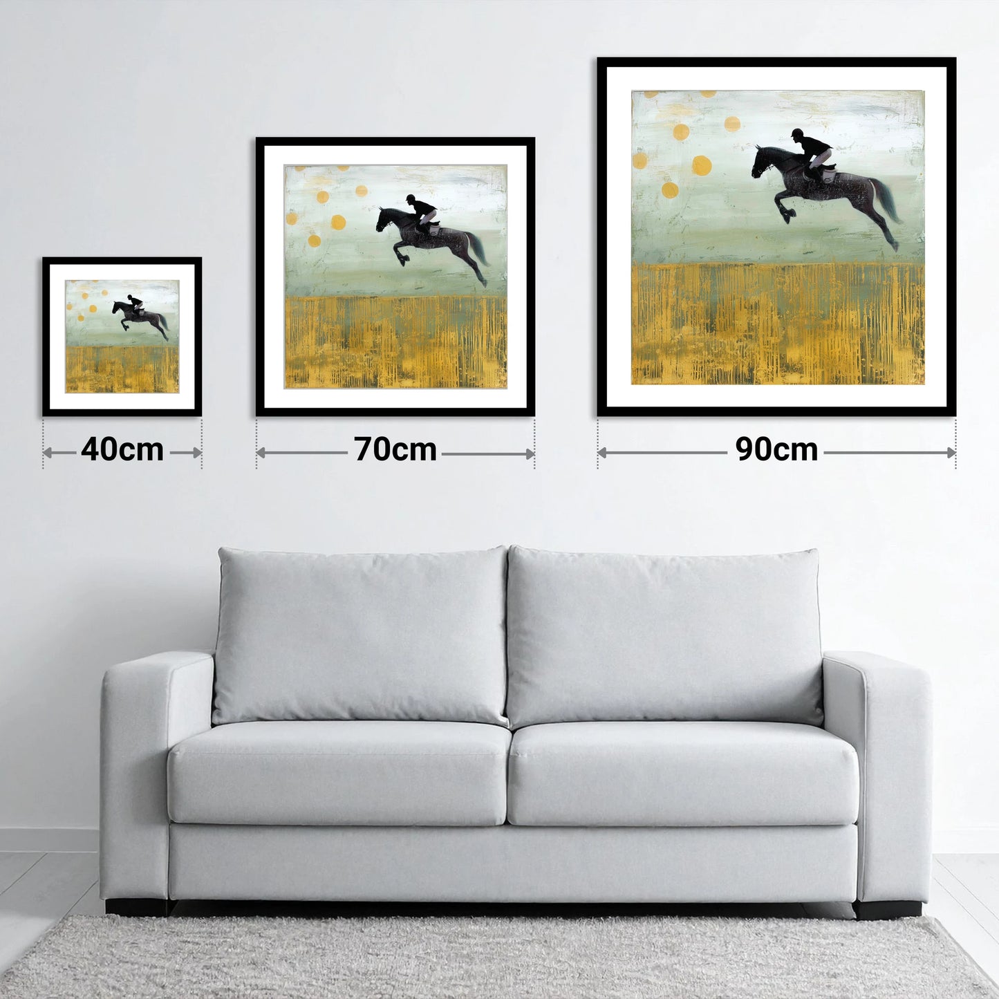 Gilded Flight - size guide showing 40cm, 70cm and 90cm art prints
