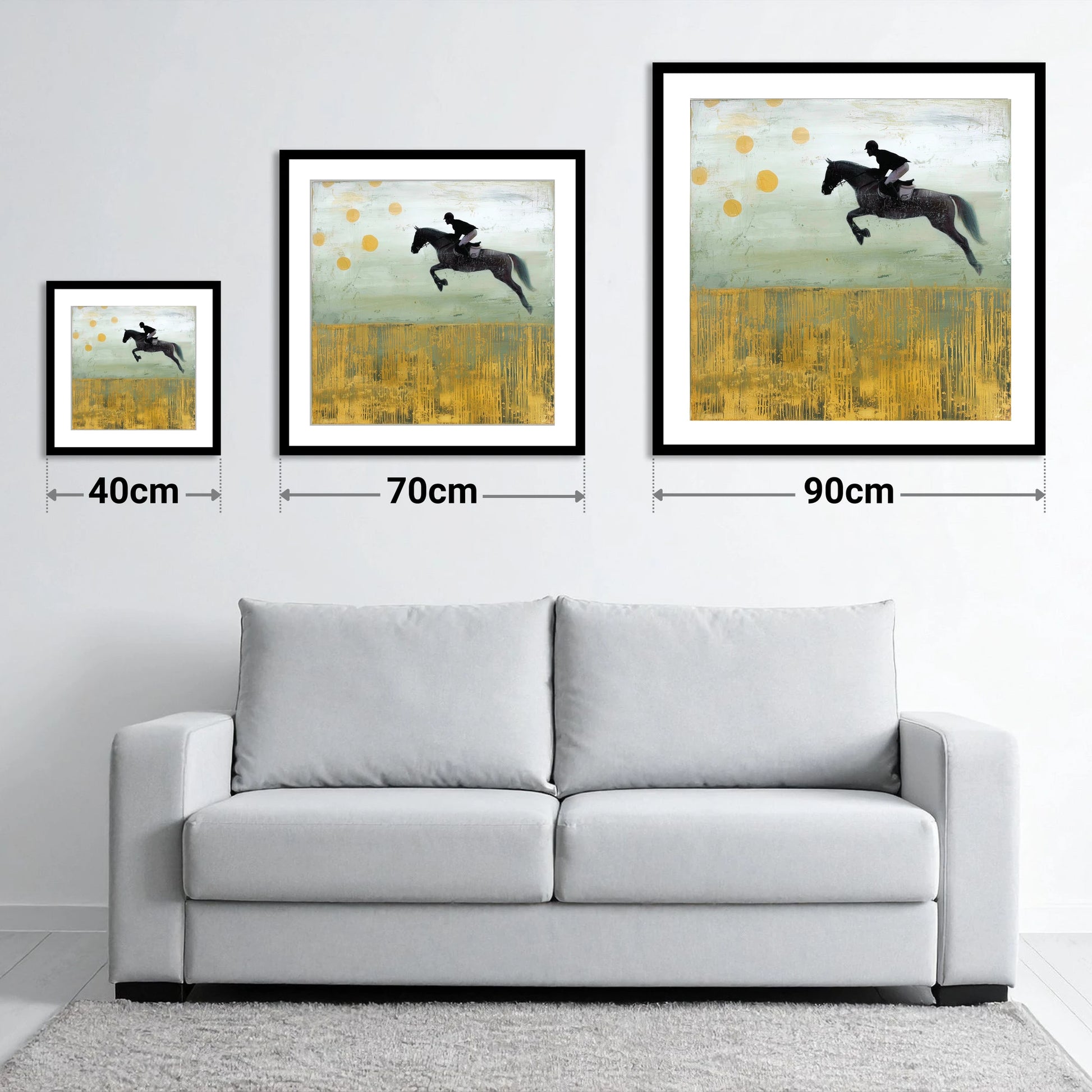 Gilded Flight - size guide showing 40cm, 70cm and 90cm art prints