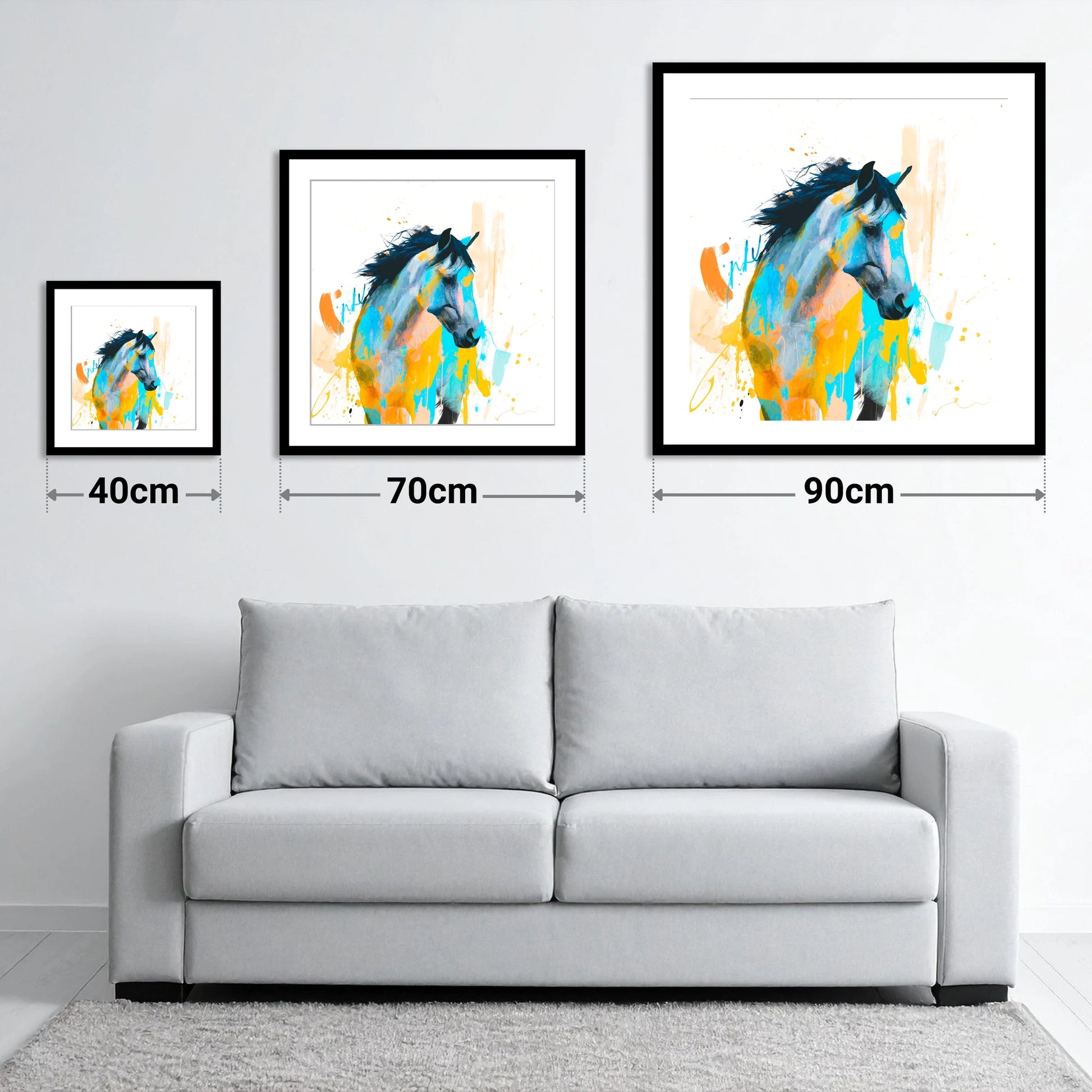 Teal and Amber Splendour - size guide showing 40cm, 70cm and 90cm art prints