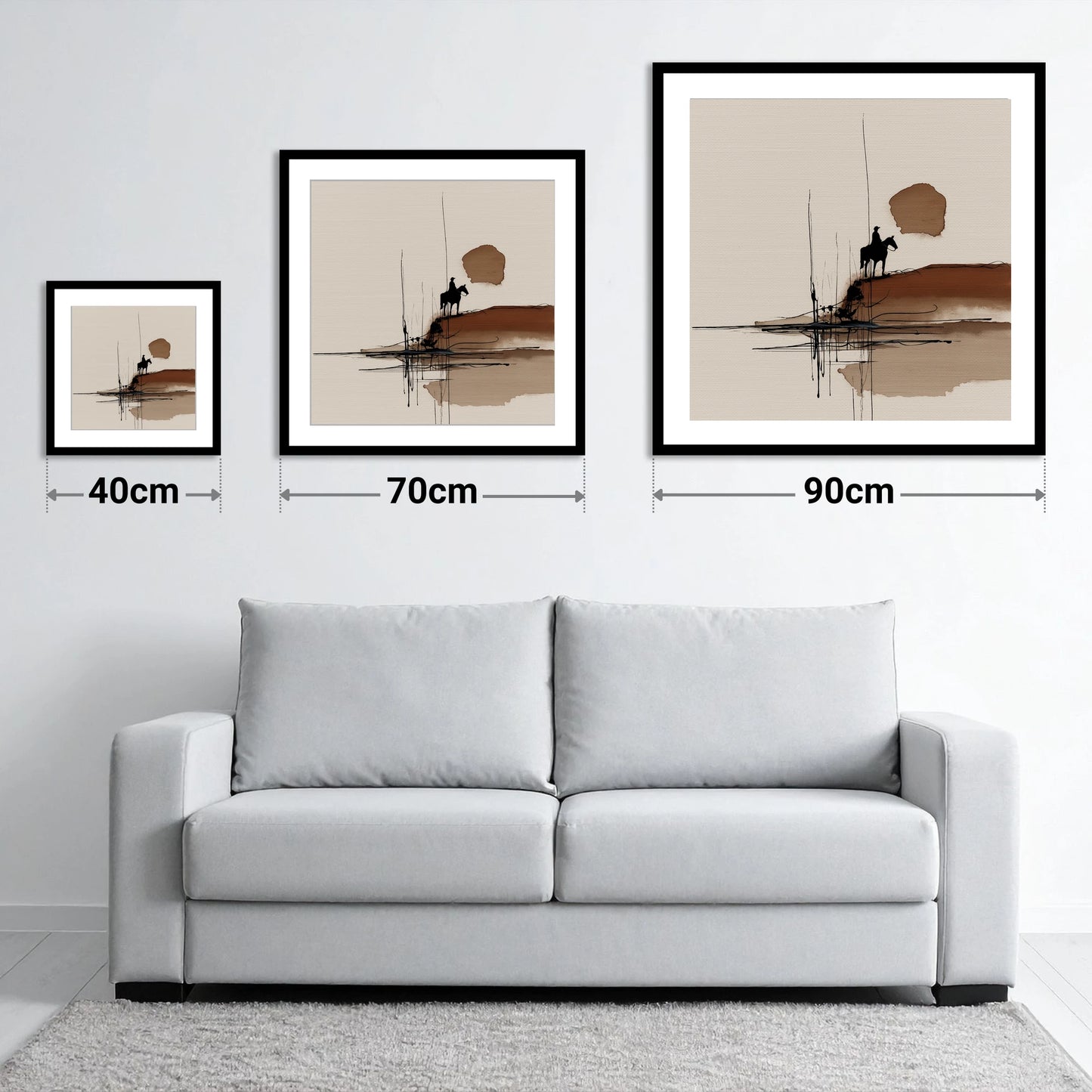 The Quiet Horizon - size guide showing 40cm, 70cm and 90cm art prints