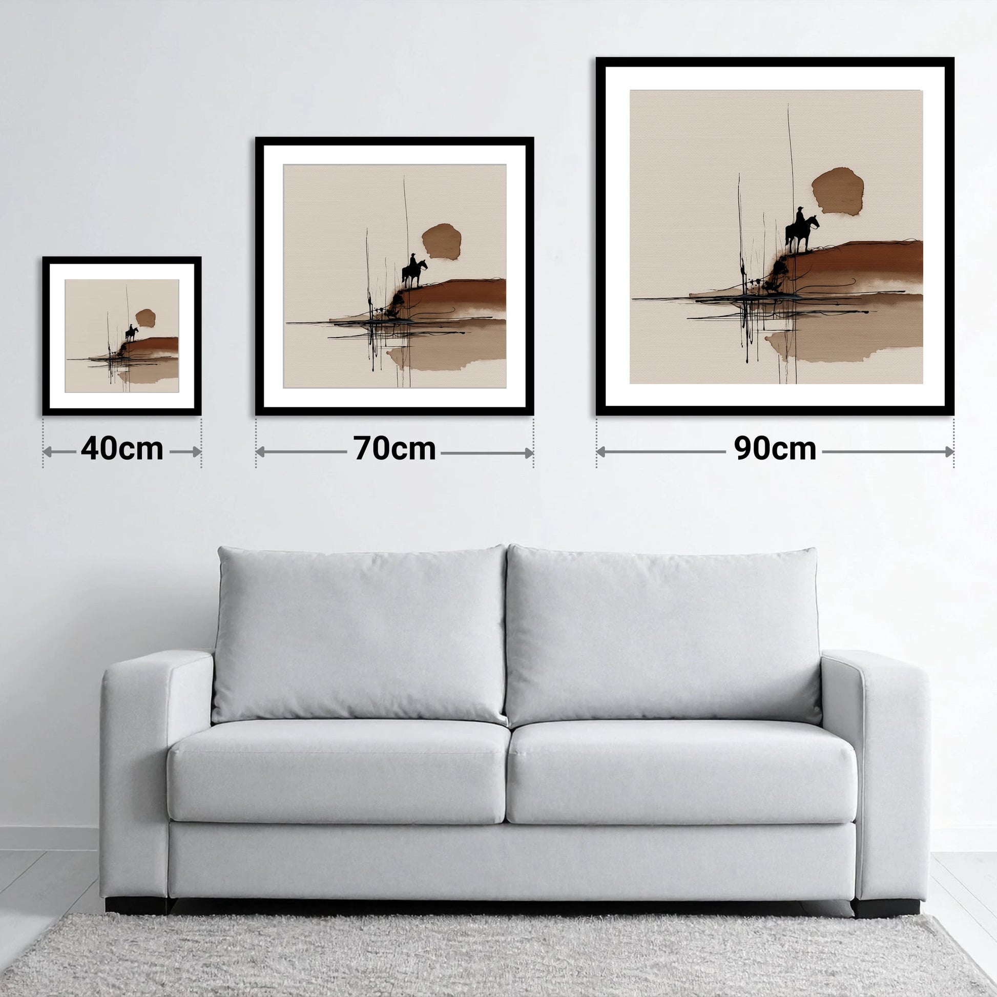 The Quiet Horizon - size guide showing 40cm, 70cm and 90cm art prints
