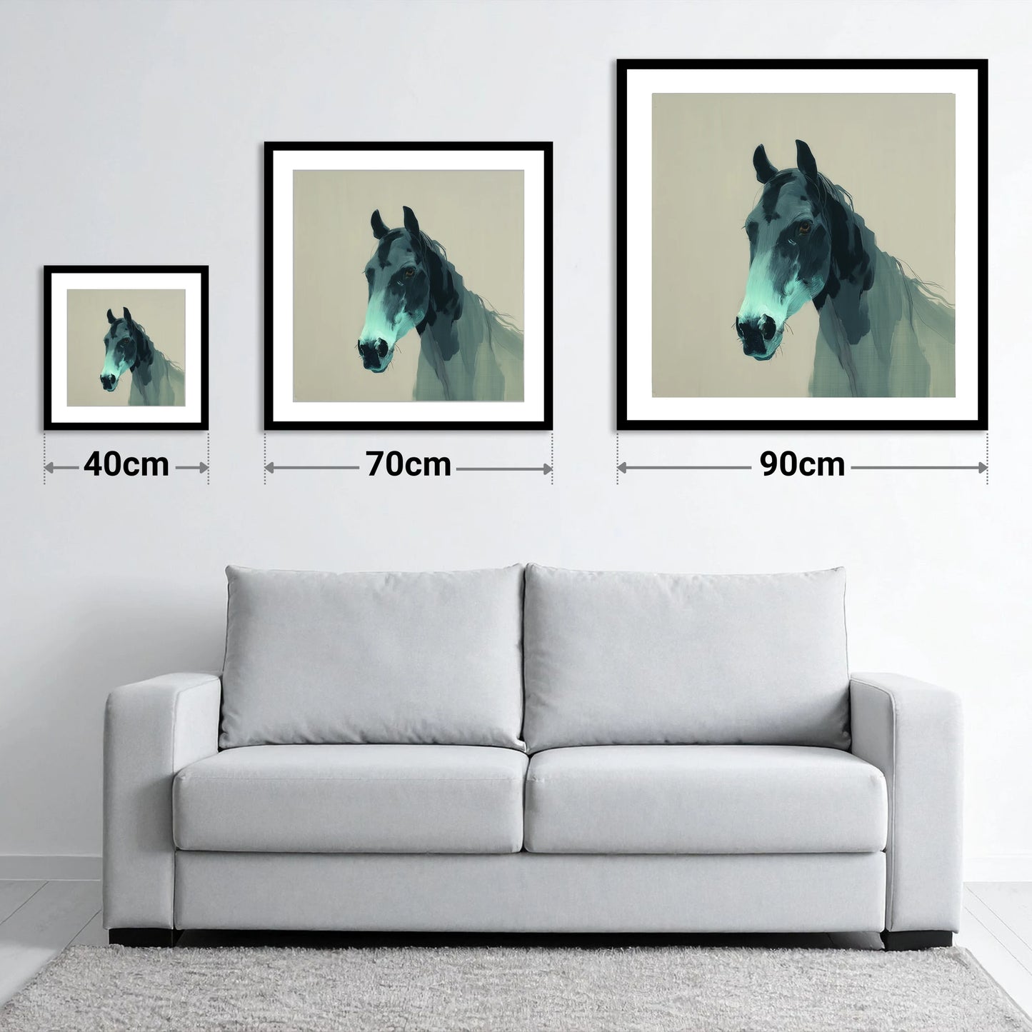 Contemporary Teal Equine - size guide showing 40cm, 70cm and 90cm art prints
