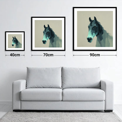 Contemporary Teal Equine - size guide showing 40cm, 70cm and 90cm art prints