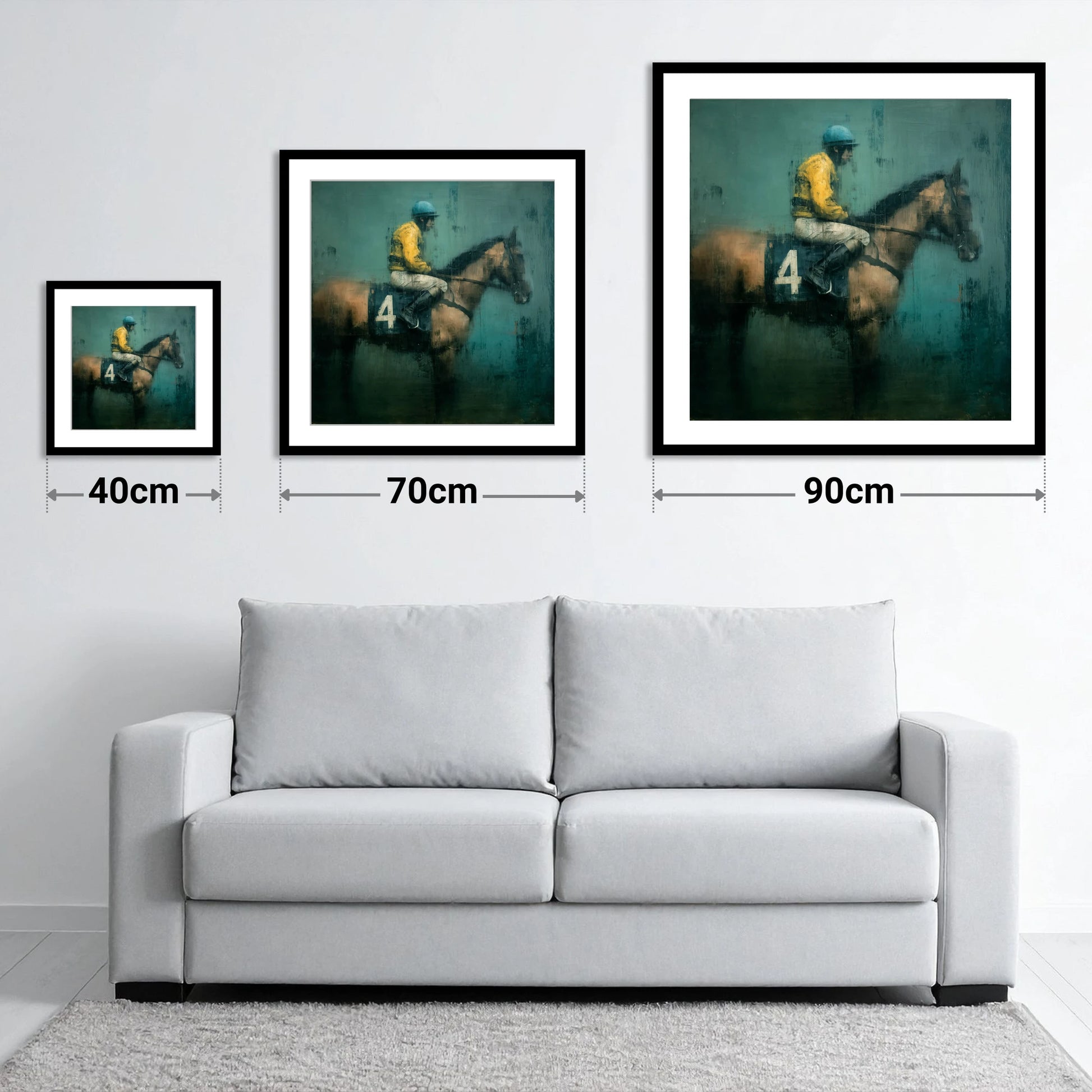 Before the Off - size guide showing 40cm, 70cm and 90cm art prints