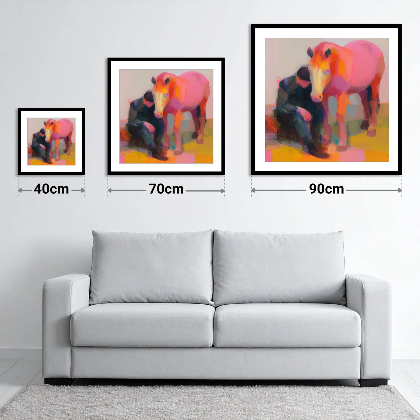 Radiant Solace - size guide showing 40cm, 70cm and 90cm art prints