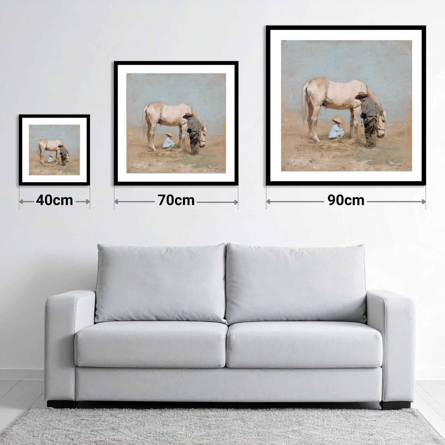Sunlit Companions - size guide showing 40cm, 70cm and 90cm art prints