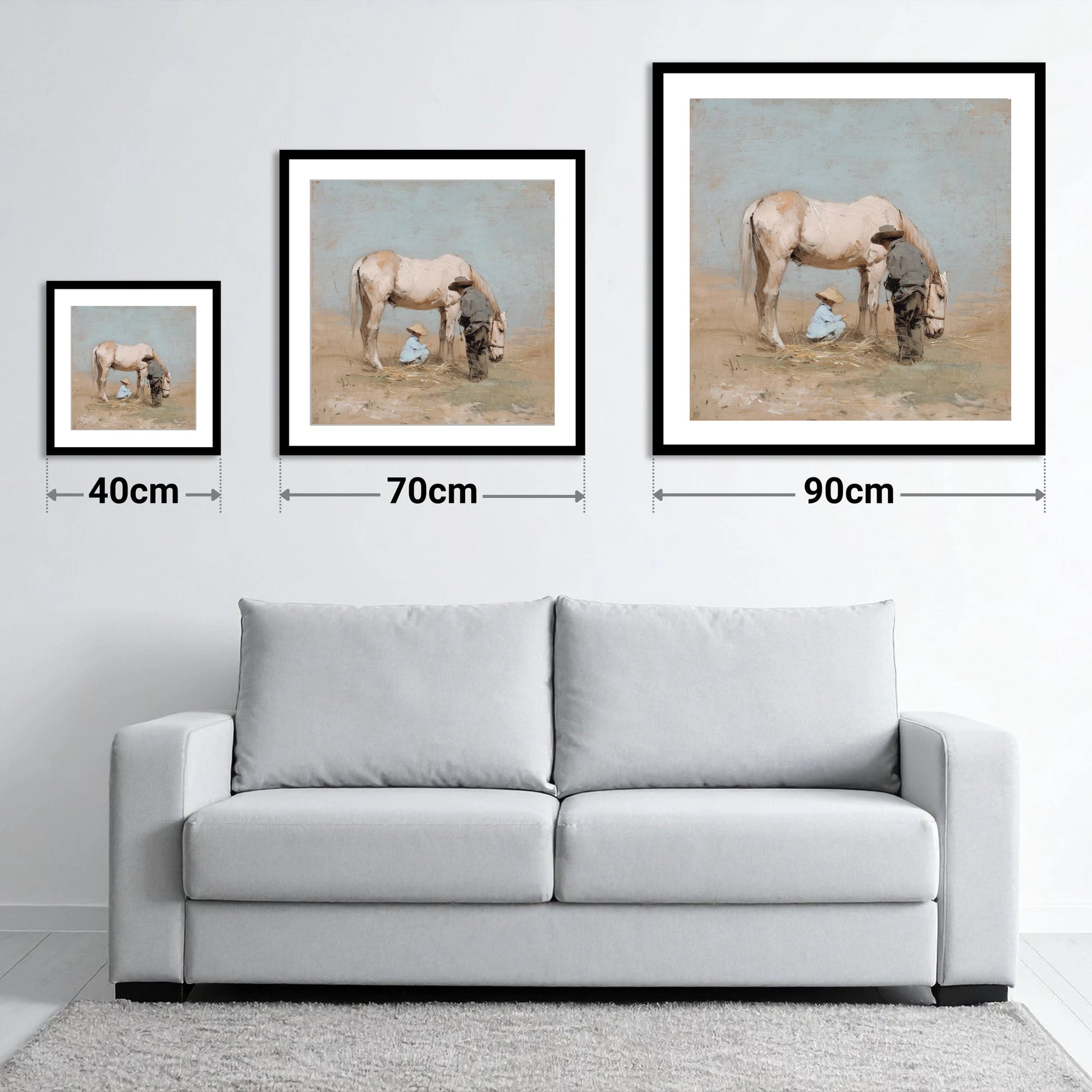 Sunlit Companions - size guide showing 40cm, 70cm and 90cm art prints