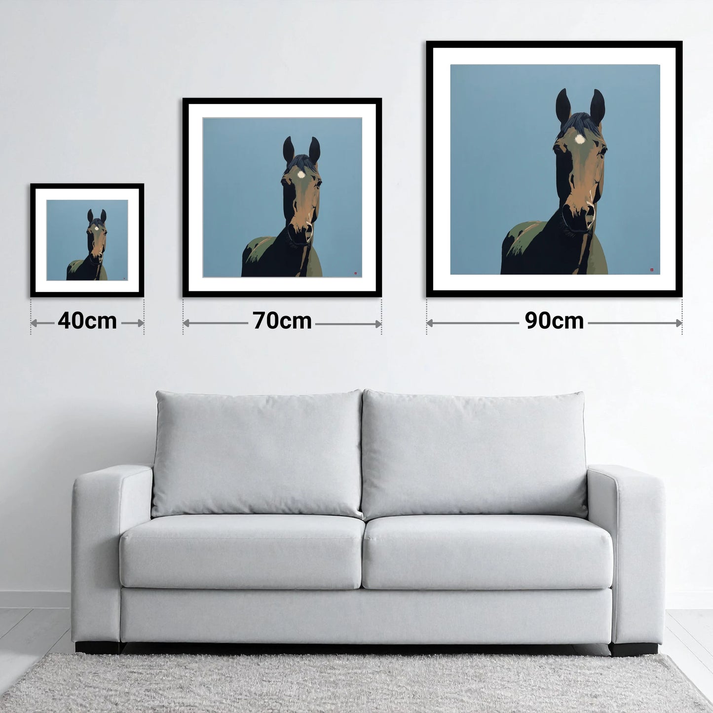 Bay Under Cerulean Sky - size guide showing 40cm, 70cm and 90cm art prints