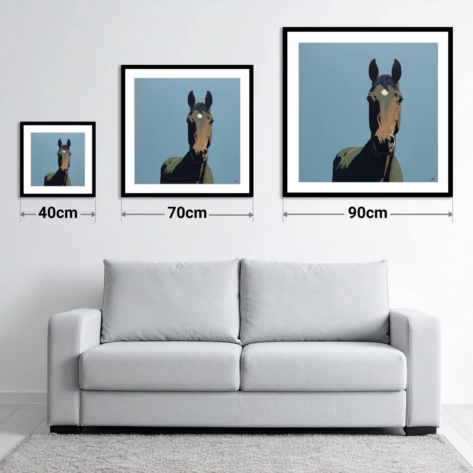 Bay Under Cerulean Sky - size guide showing 40cm, 70cm and 90cm art prints
