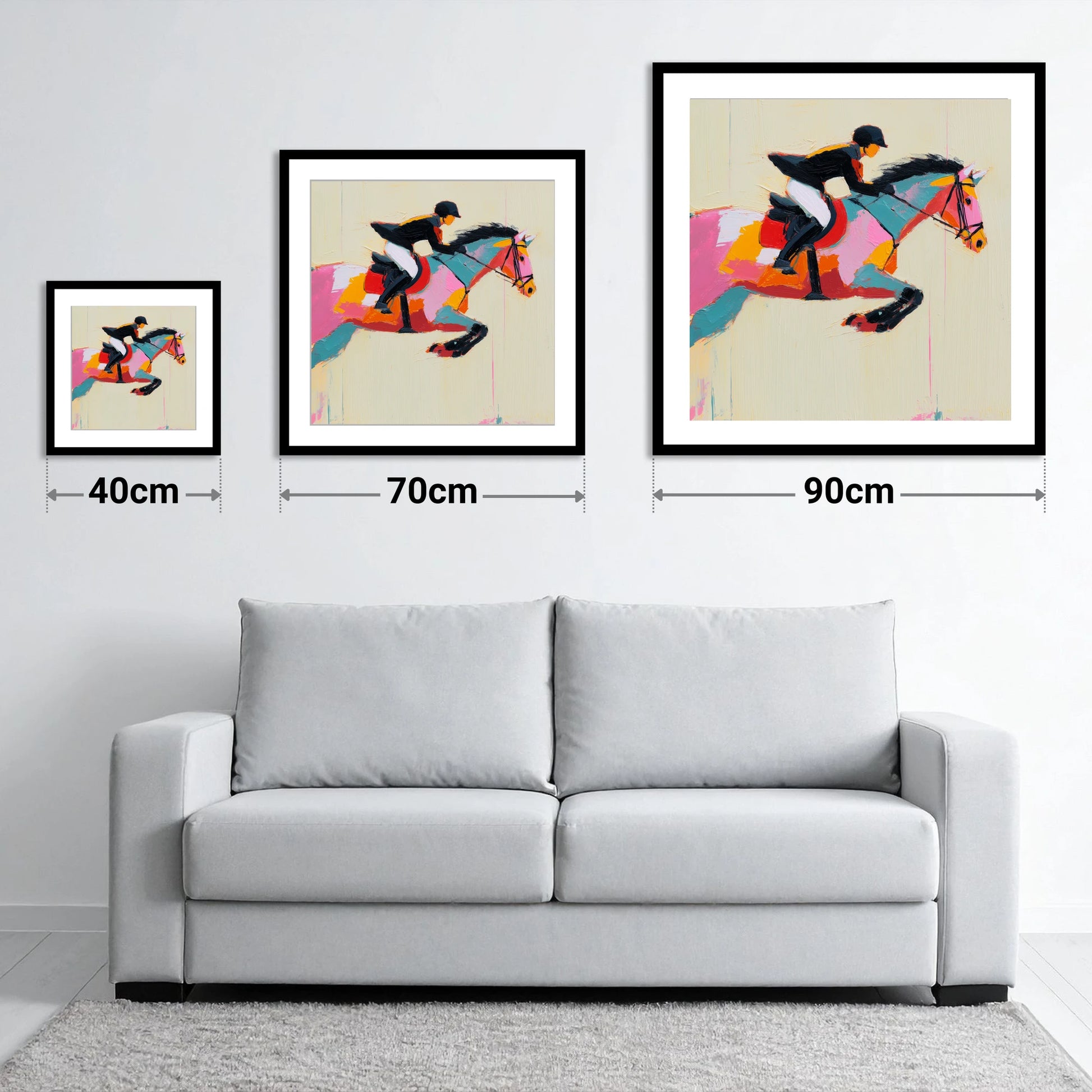 Vivid Showjumping Flight - size guide showing 40cm, 70cm and 90cm art prints