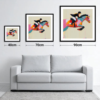 Vivid Showjumping Flight - size guide showing 40cm, 70cm and 90cm art prints