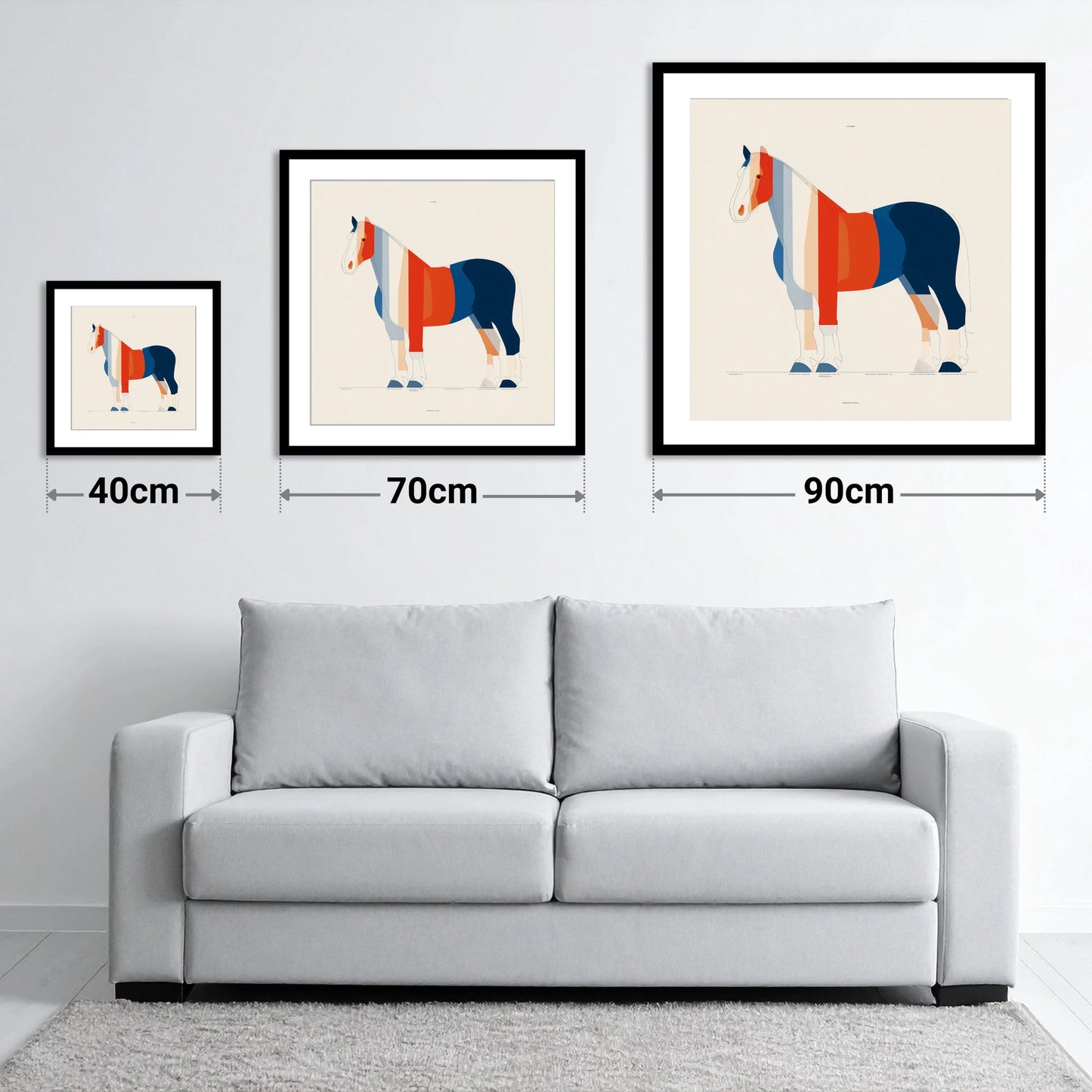 Modernist Equine Silhouette - size guide showing 40cm, 70cm and 90cm art prints