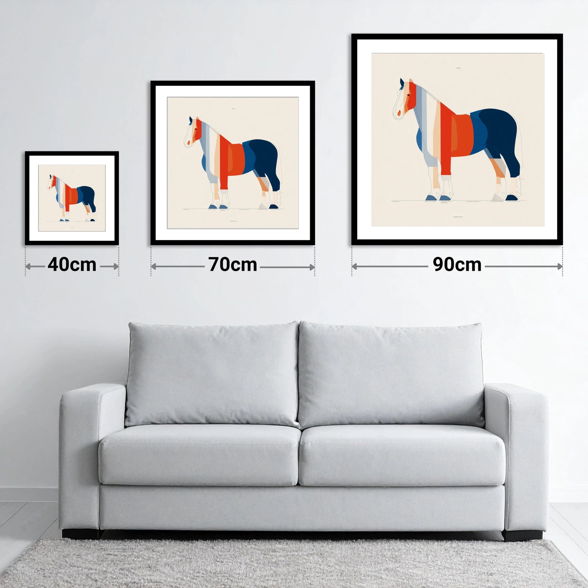 Modernist Equine Silhouette - size guide showing 40cm, 70cm and 90cm art prints
