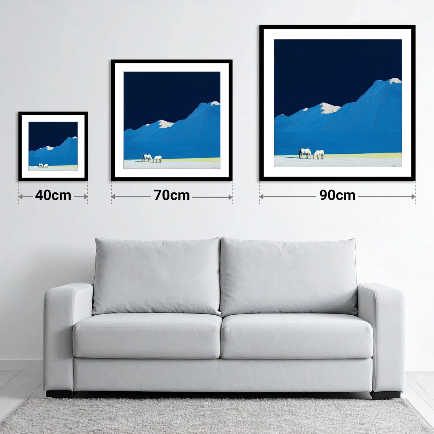 Cobalt Peaks and Greys - size guide showing 40cm, 70cm and 90cm art prints