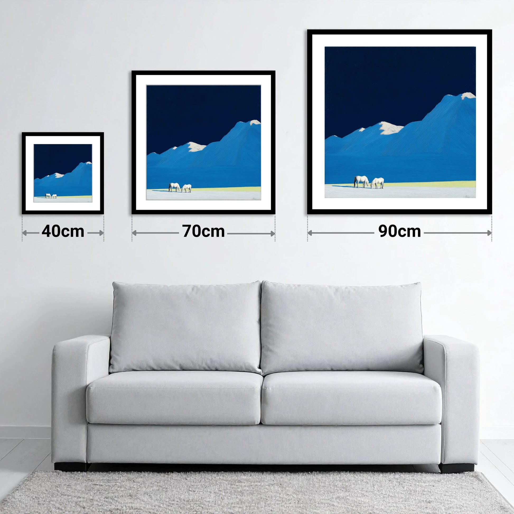 Cobalt Peaks and Greys - size guide showing 40cm, 70cm and 90cm art prints