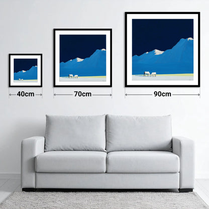 Cobalt Peaks and Greys - size guide showing 40cm, 70cm and 90cm art prints