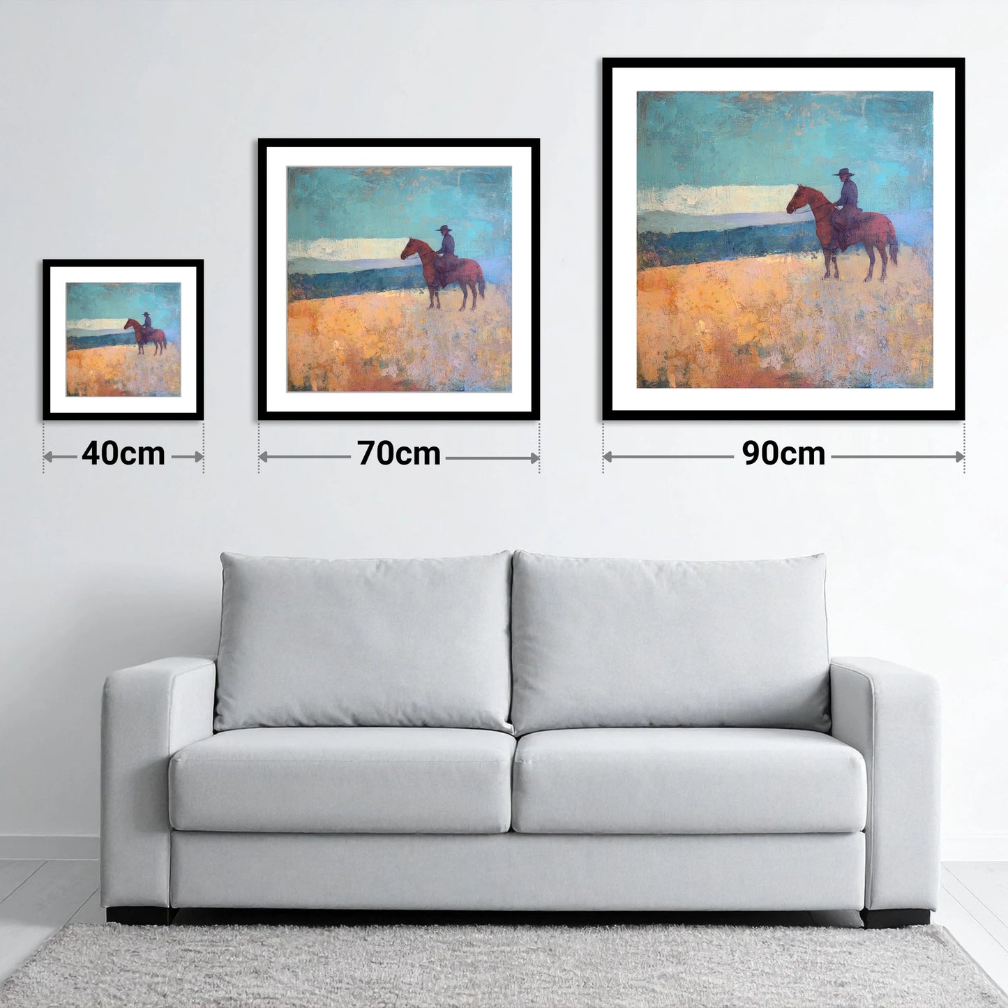 The Quiet Frontier - size guide showing 40cm, 70cm and 90cm art prints