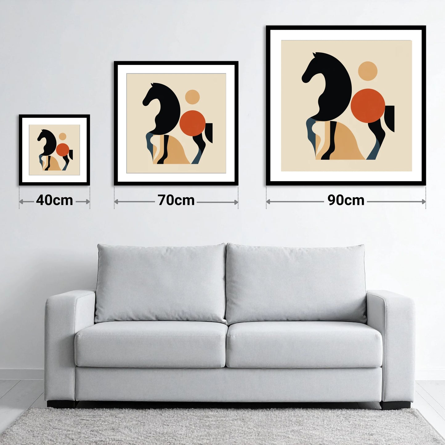 Mid-Century Equine Form - size guide showing 40cm, 70cm and 90cm art prints