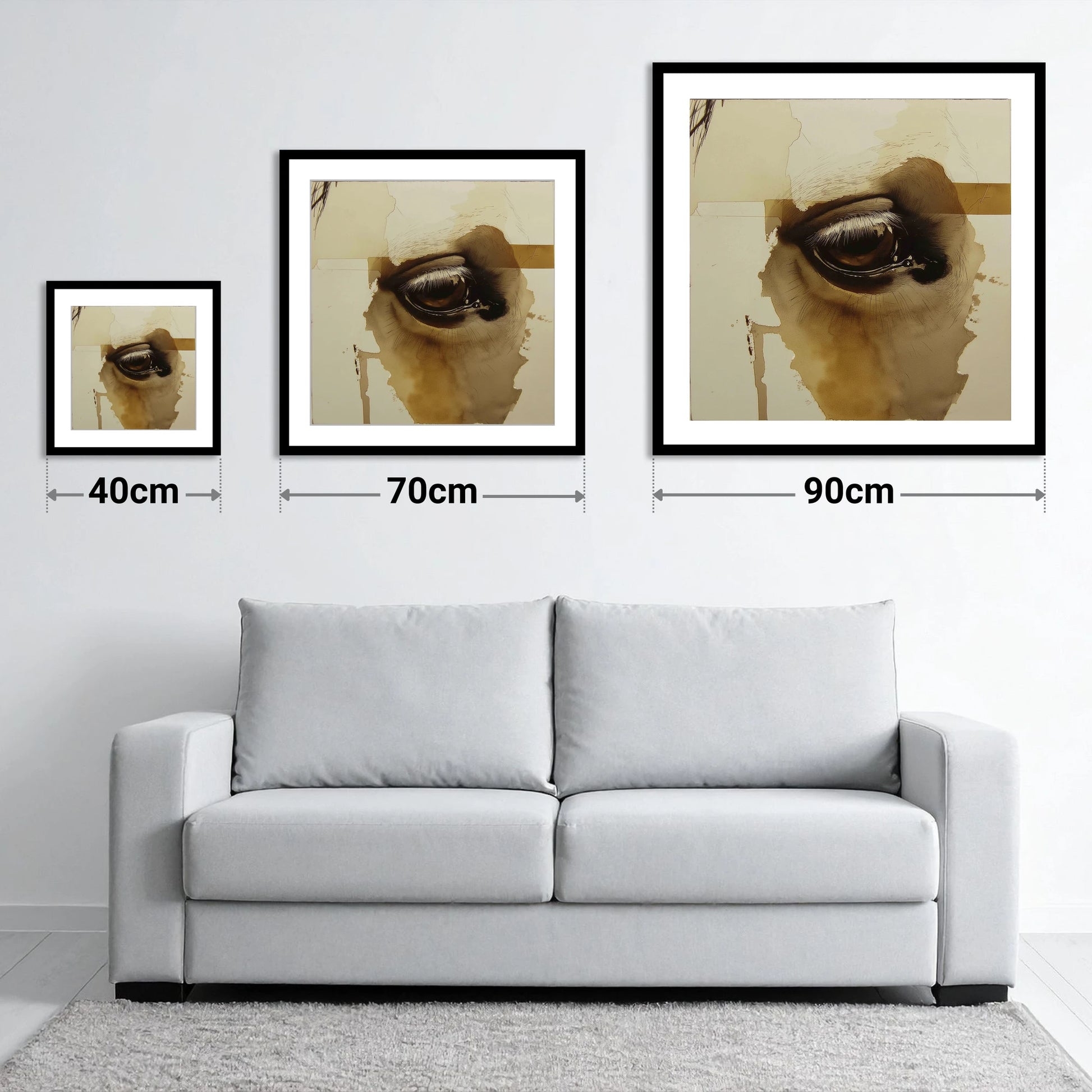 The Equine Gaze - size guide showing 40cm, 70cm and 90cm art prints