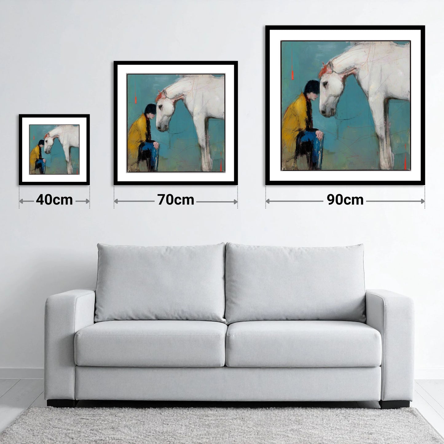 The Quiet Connection - size guide showing 40cm, 70cm and 90cm art prints