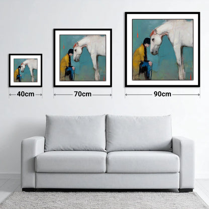 The Quiet Connection - size guide showing 40cm, 70cm and 90cm art prints