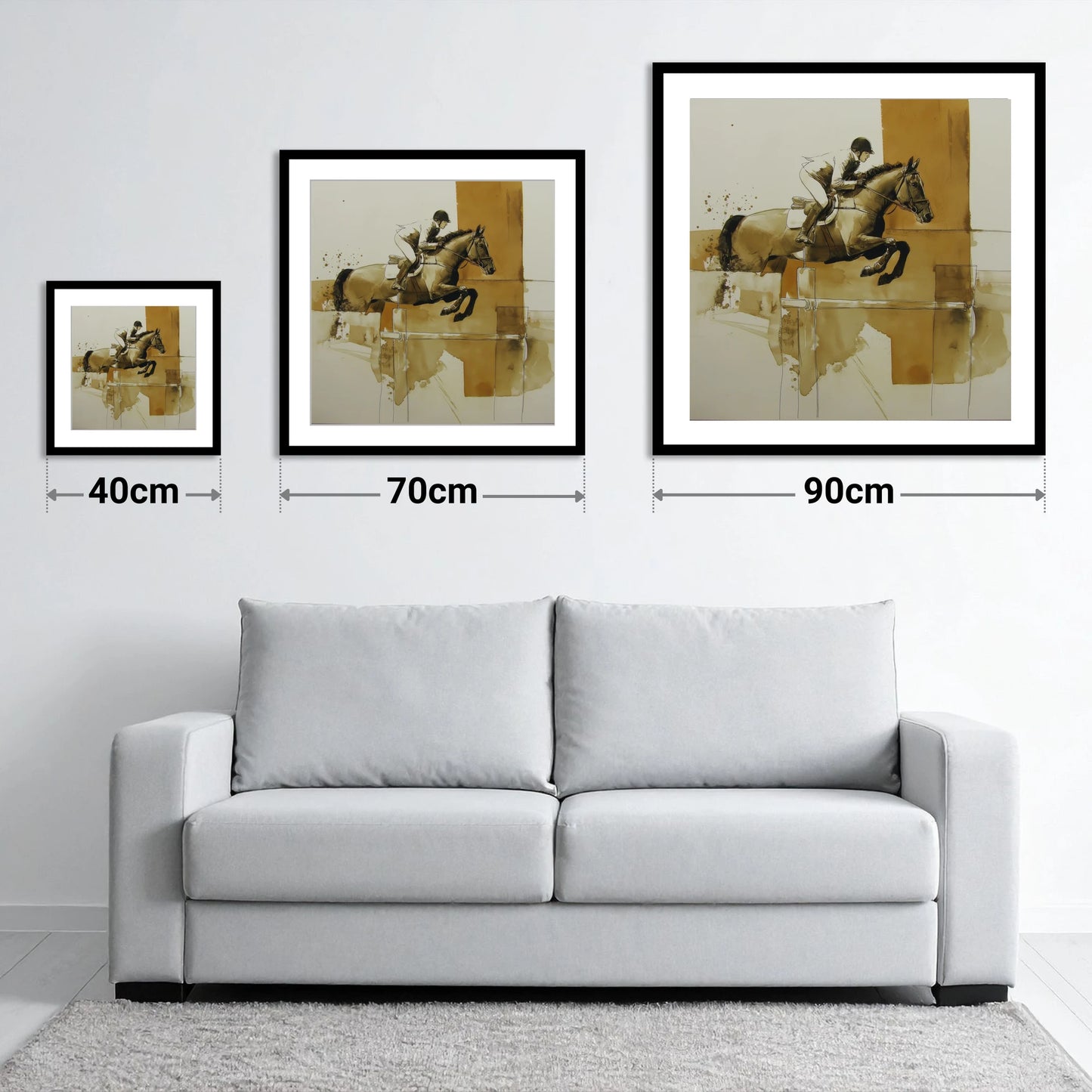 Airborne in Sepia - size guide showing 40cm, 70cm and 90cm art prints