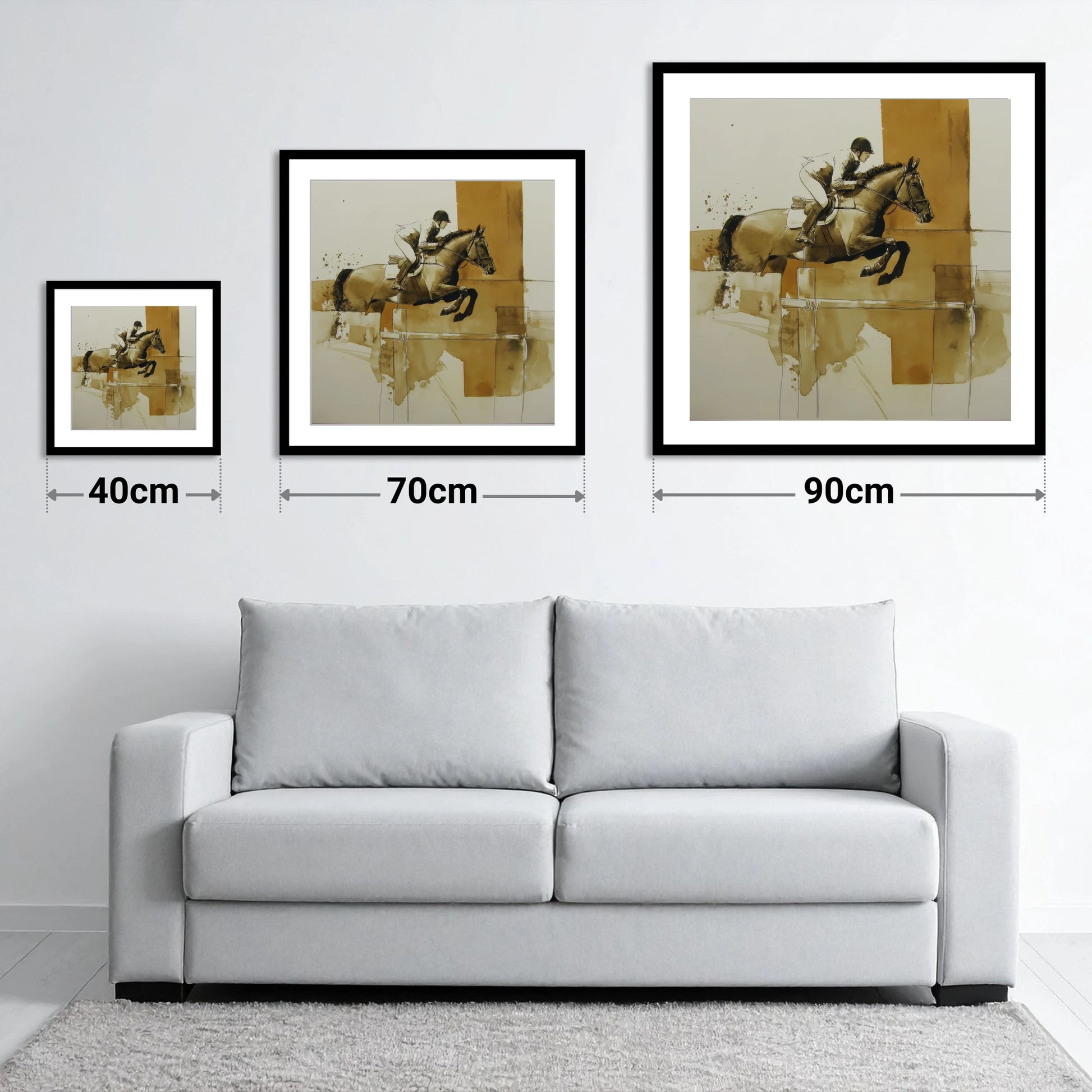 Airborne in Sepia - size guide showing 40cm, 70cm and 90cm art prints