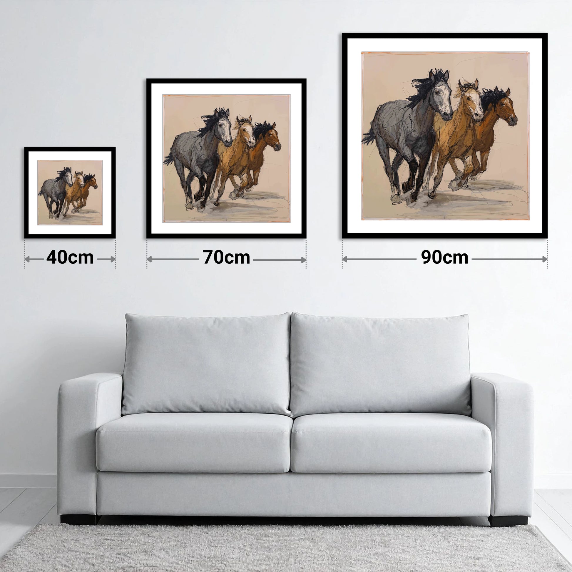Spirited Trio - size guide showing 40cm, 70cm and 90cm art prints
