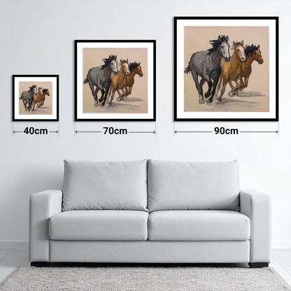 Spirited Trio - size guide showing 40cm, 70cm and 90cm art prints