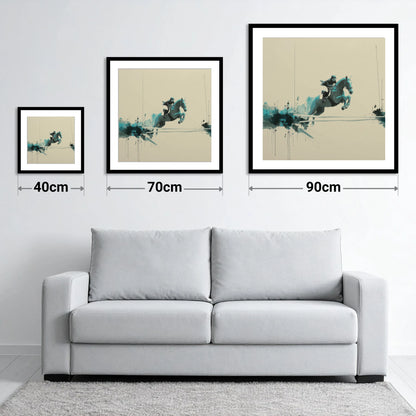 Airborne in Teal - size guide showing 40cm, 70cm and 90cm art prints