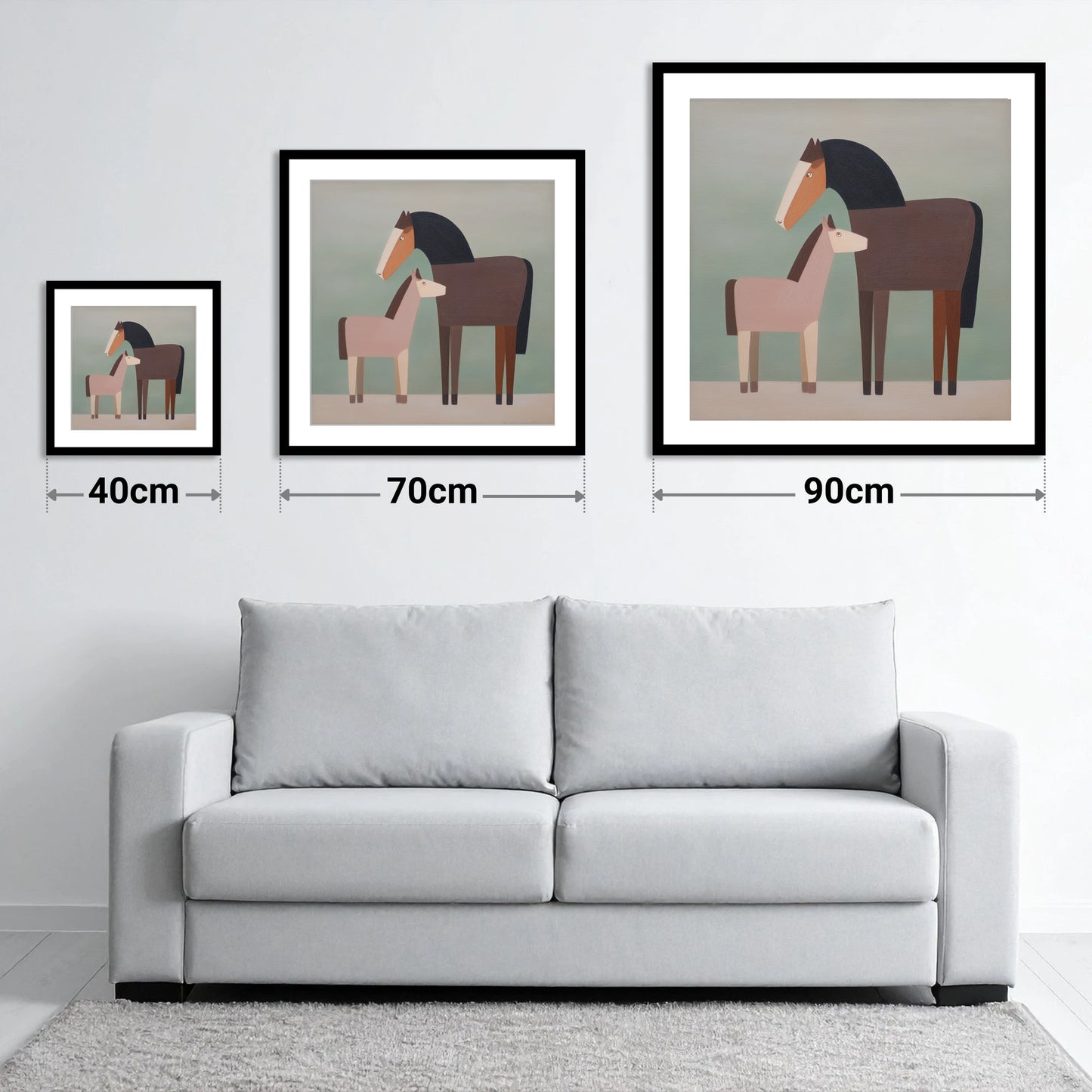 Quiet Companions - size guide showing 40cm, 70cm and 90cm art prints