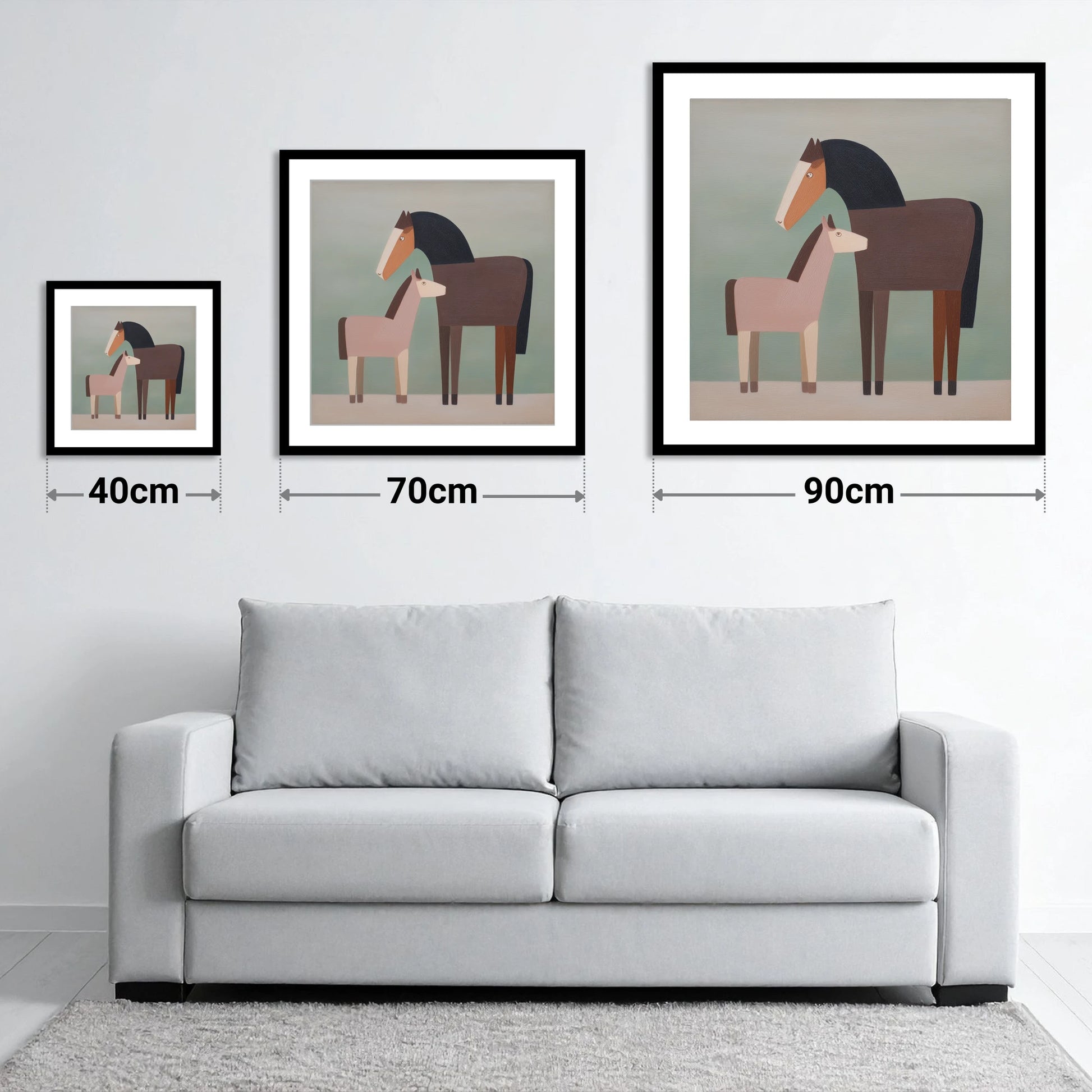 Quiet Companions - size guide showing 40cm, 70cm and 90cm art prints