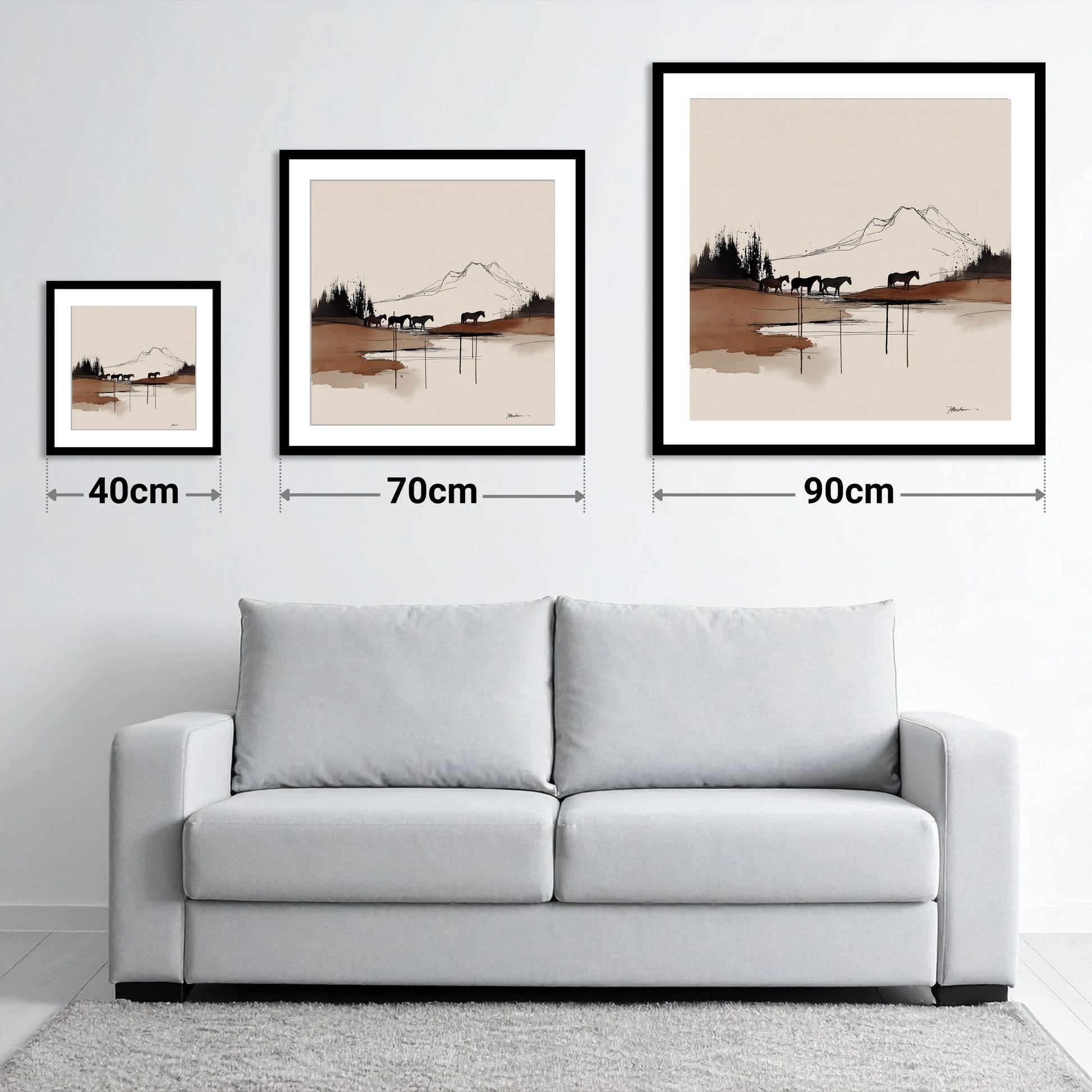Mountain Pasture Silhouettes - size guide showing 40cm, 70cm and 90cm art prints