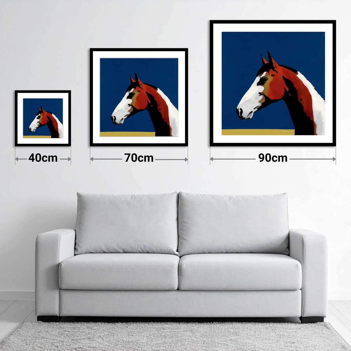 Vivid Profile in Azure - size guide showing 40cm, 70cm and 90cm art prints