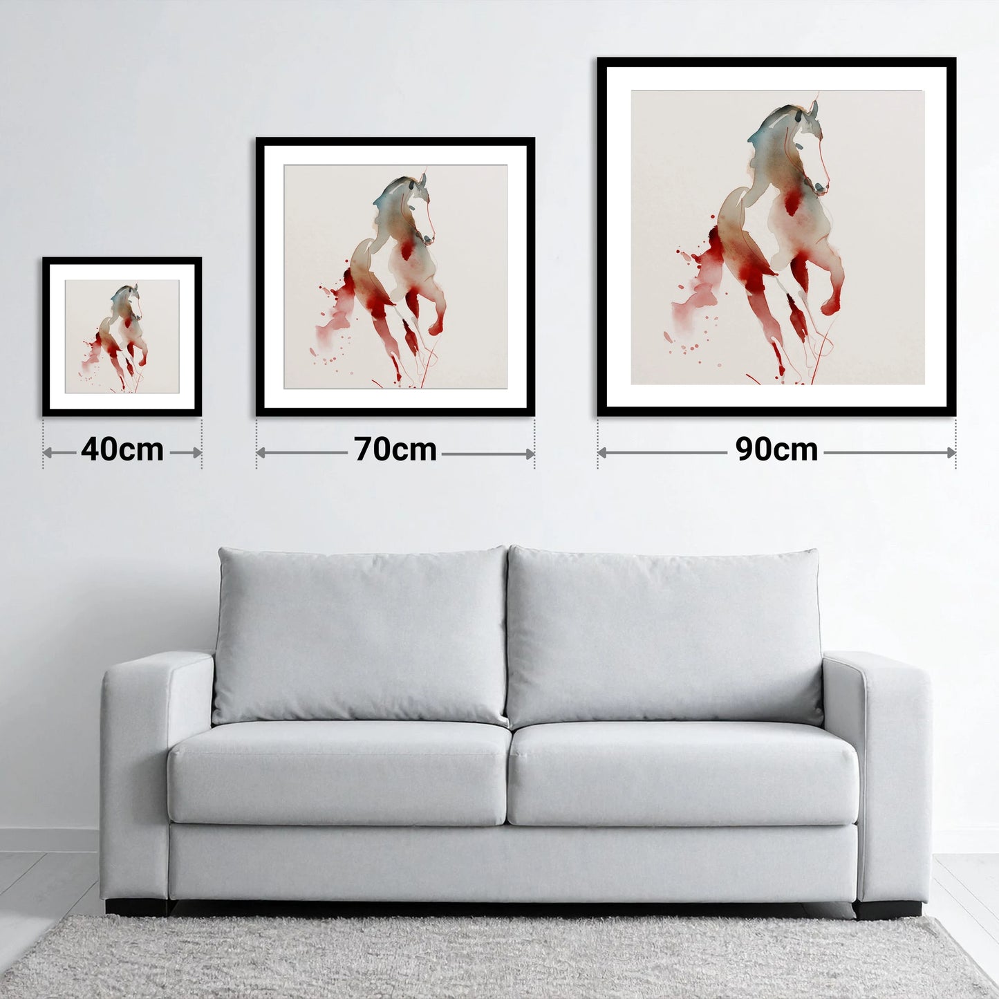 Visceral Dressage Form - size guide showing 40cm, 70cm and 90cm art prints