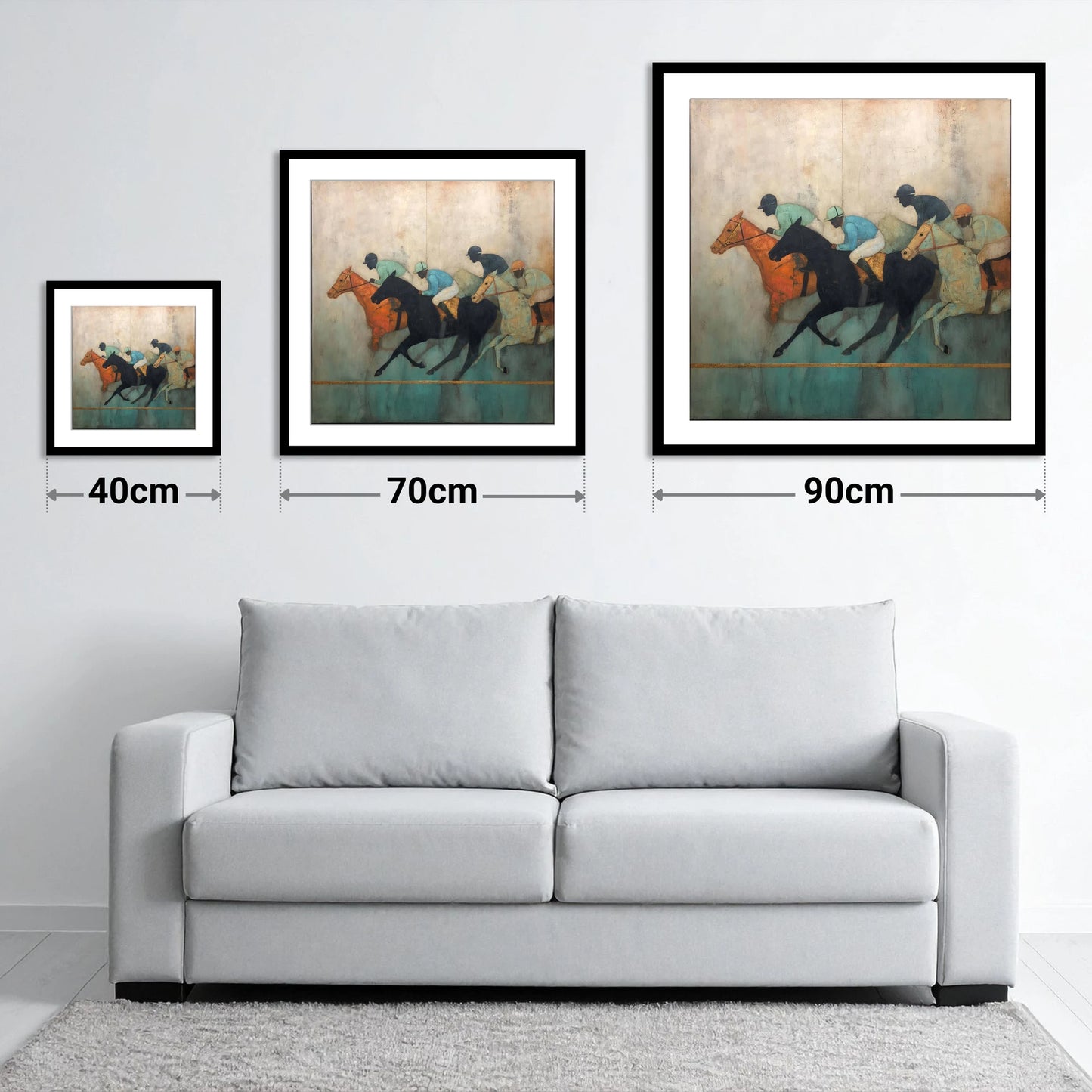 The Golden Furlong - size guide showing 40cm, 70cm and 90cm art prints