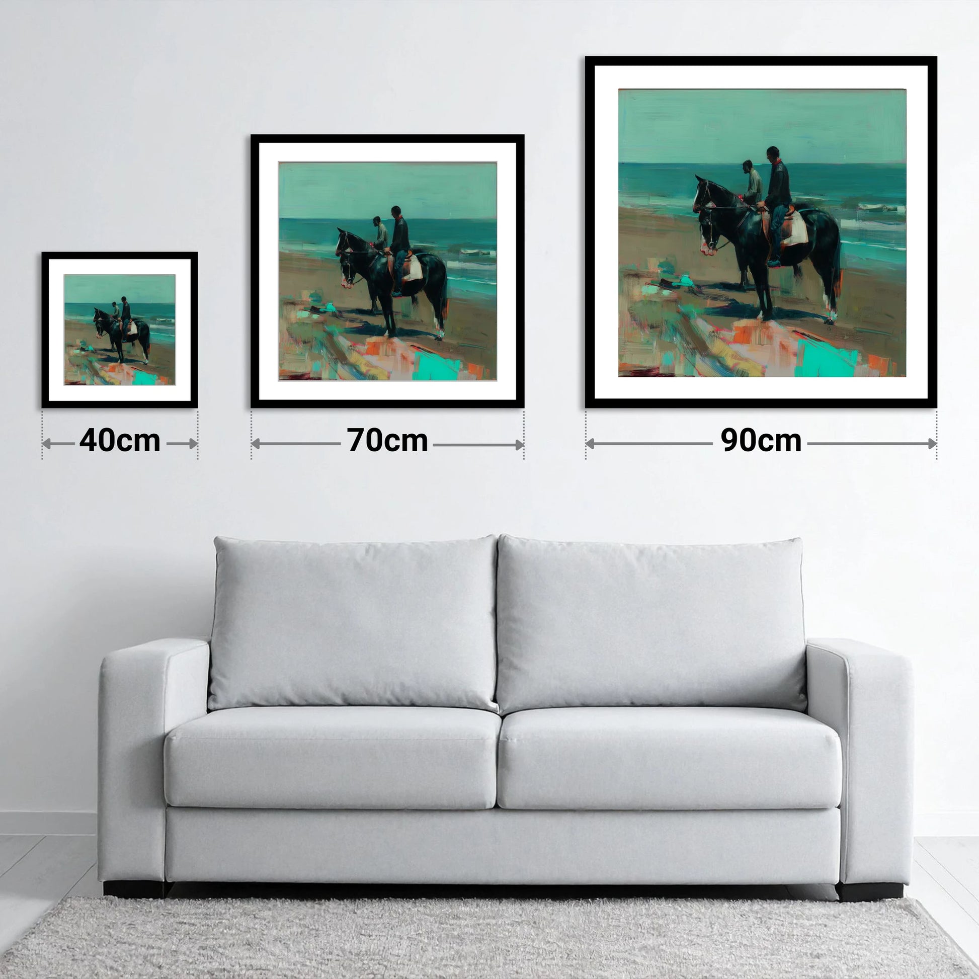 The Shoreline Hack - size guide showing 40cm, 70cm and 90cm art prints