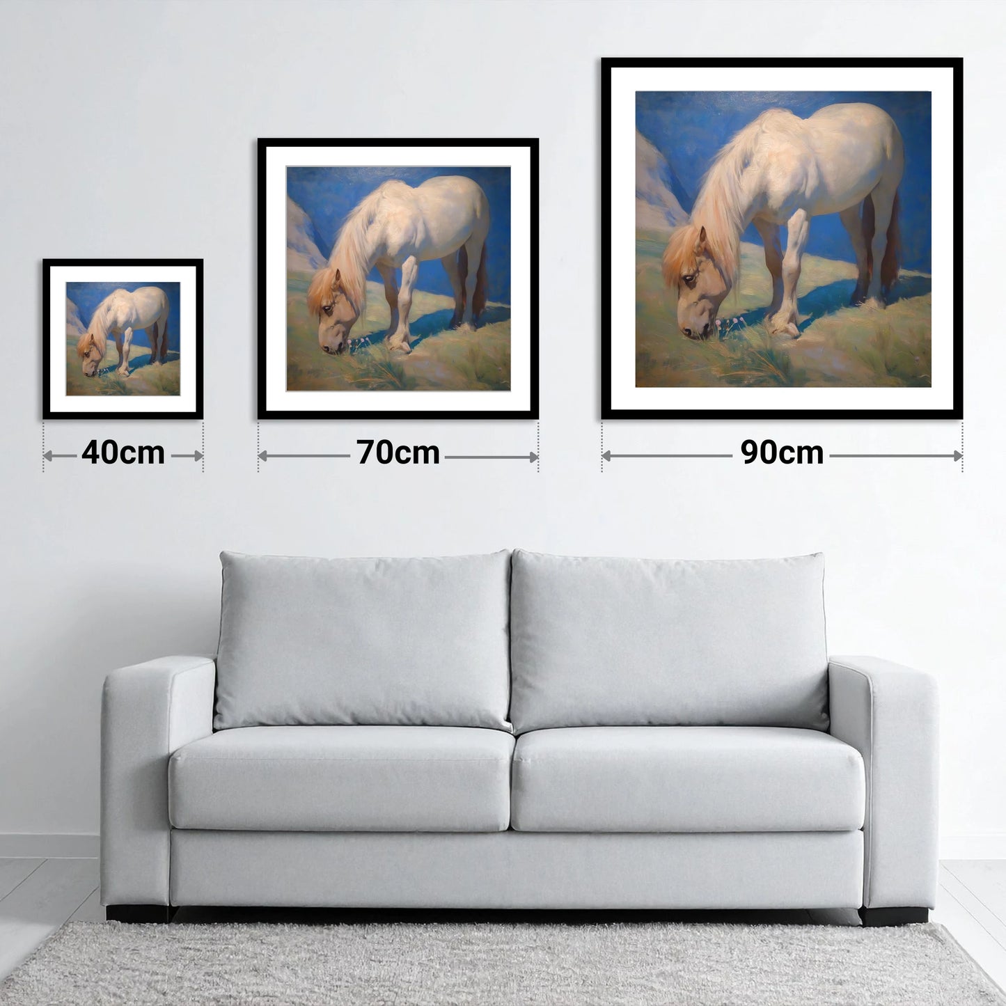 Sunlit Grazing - size guide showing 40cm, 70cm and 90cm art prints