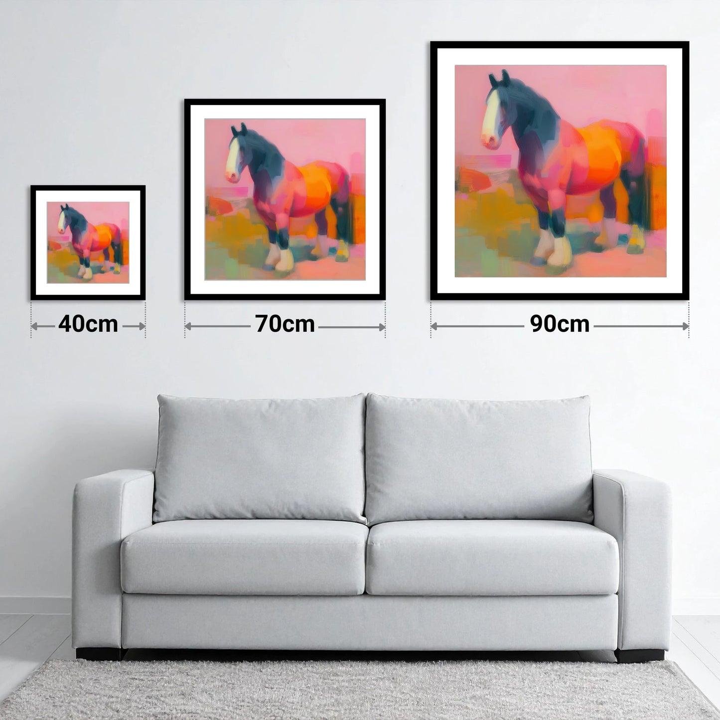 Vibrant Heavy Horse - size guide showing 40cm, 70cm and 90cm art prints