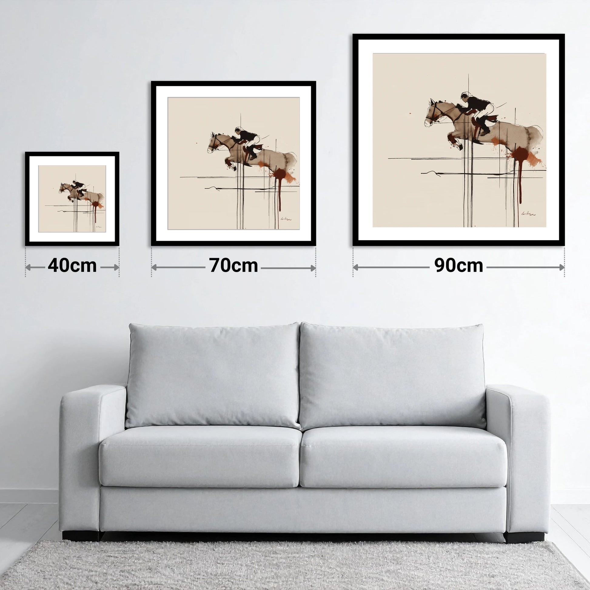 Precision and Flight - size guide showing 40cm, 70cm and 90cm art prints